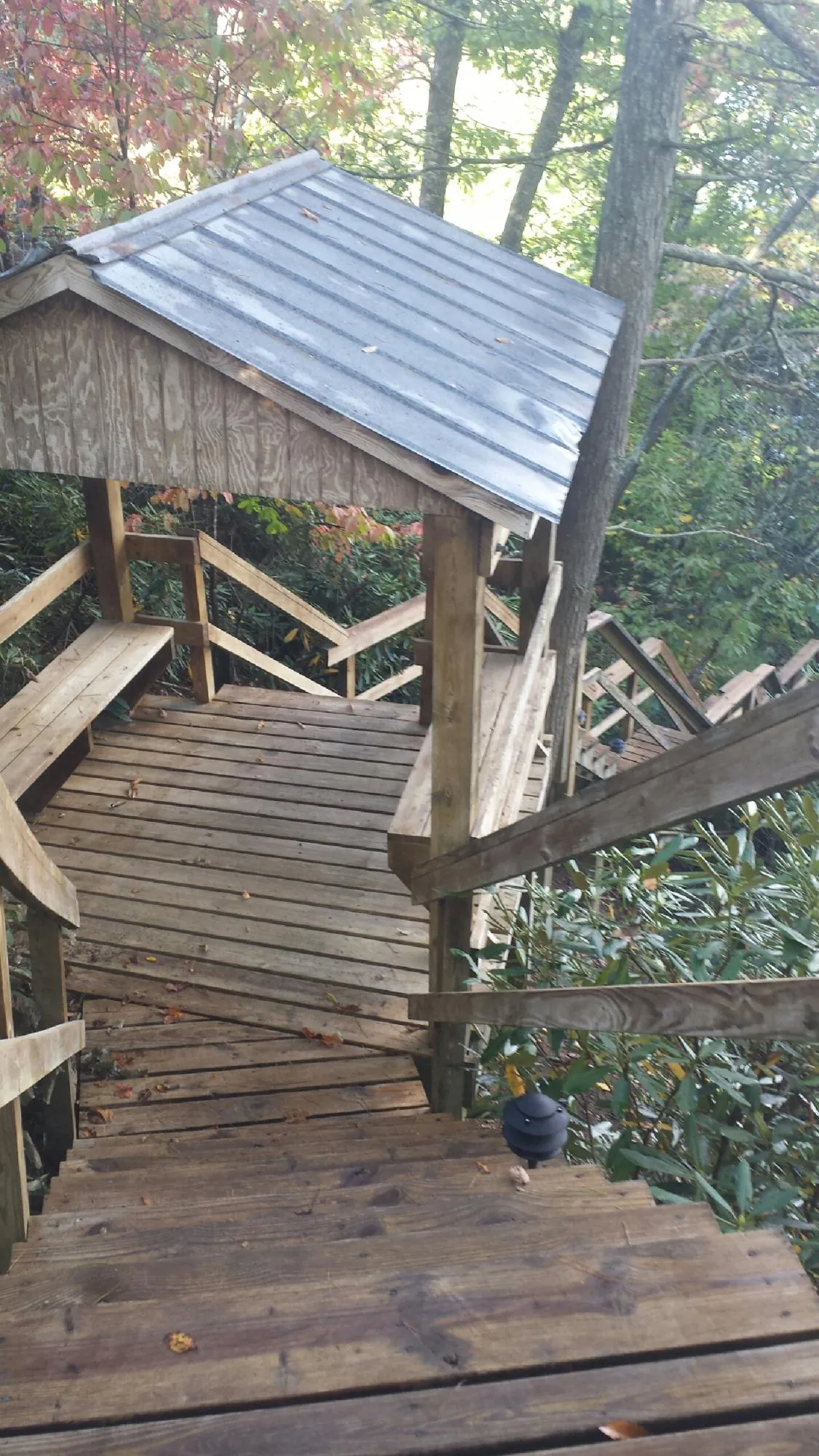 Metal roofed shelter over wooden steps on a wooded walkway — Skylight Repair & Installation work by our crew in Saint James